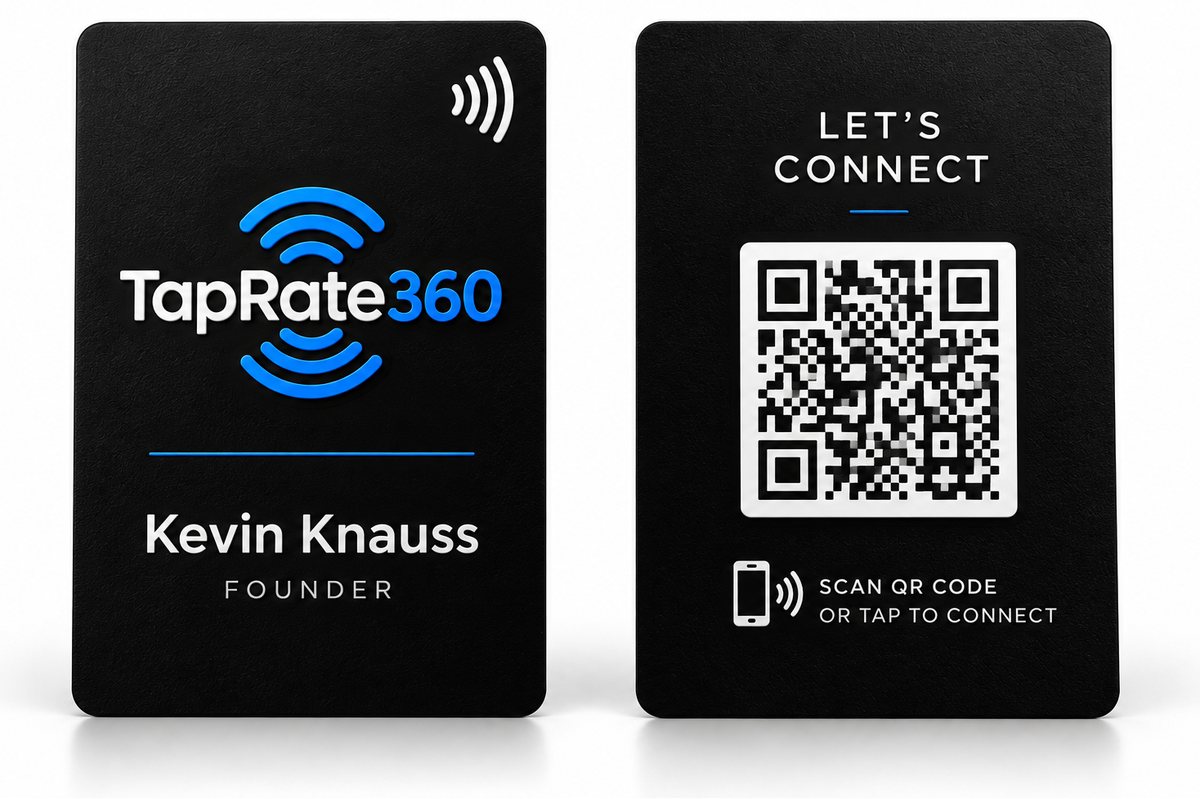 Black tap business card: Taprate 360 logo, Kevin Knauss, Founder on the front; Let's connect with a QR code on the back