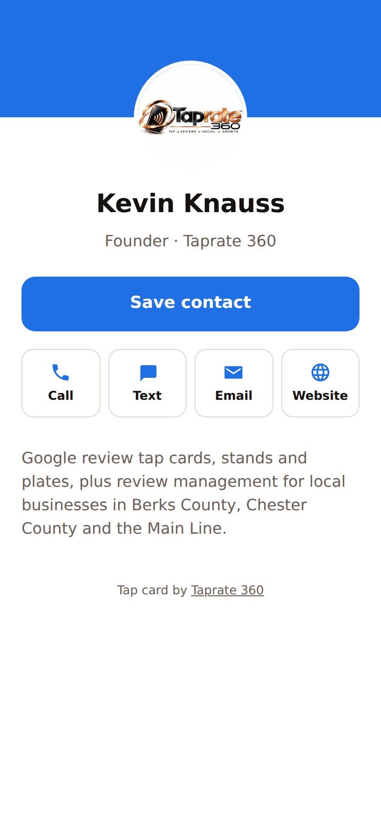 Sample digital contact card for Kevin Knauss, Founder at Taprate 360, with Save contact, Call, Text, Email and Website buttons