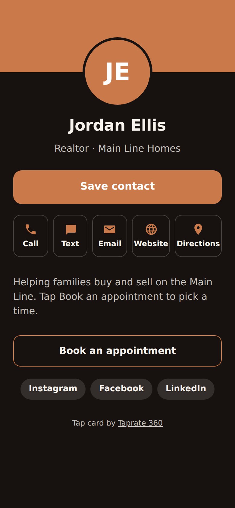 Sample digital contact card for a realtor in dark and copper colors, with Save contact, Call, Text, Email, Website, Directions, Book an appointment and social buttons