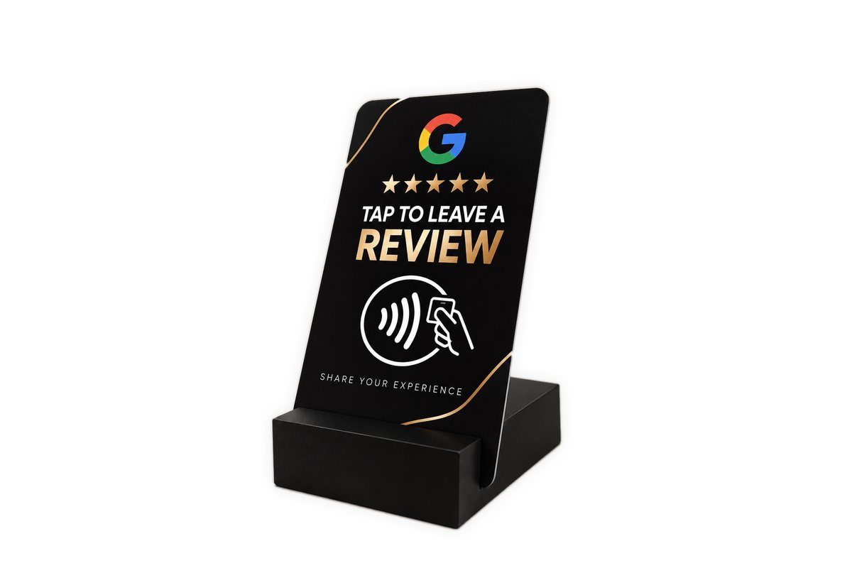 3D-printed countertop stand holding a Tap to leave a review NFC card