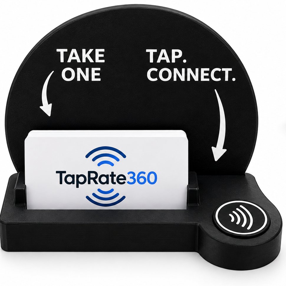 Tap and Hold station holding a stack of business cards, printed Take one and Tap. Connect., with a tap spot on the base