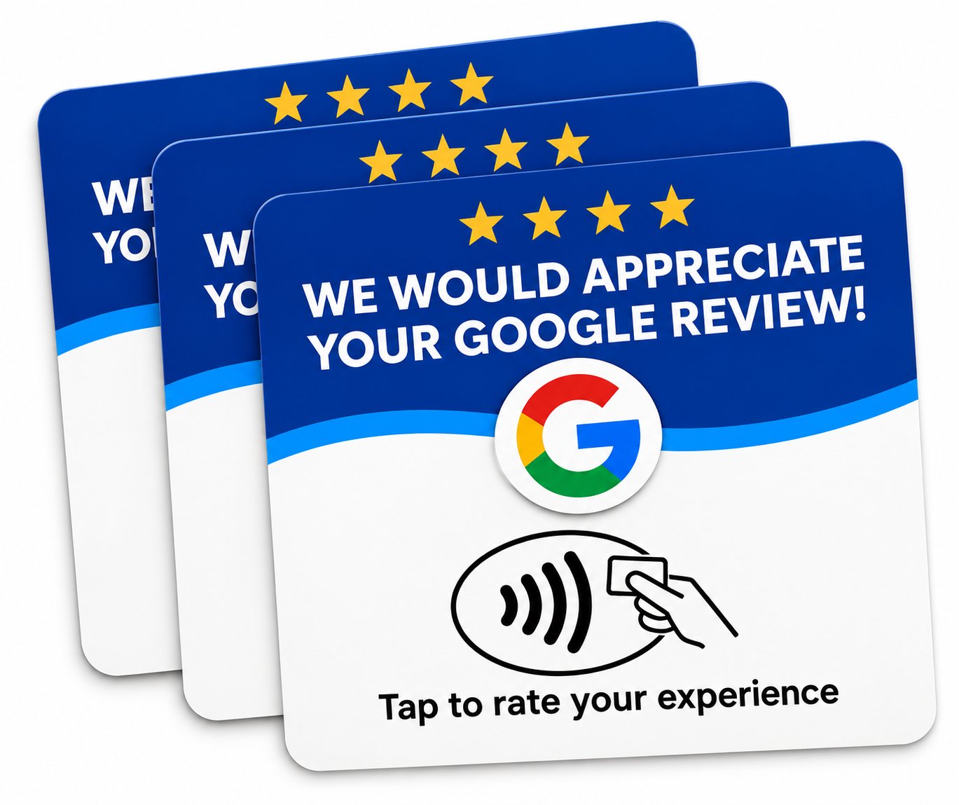 Three blue and white tap plates printed We would appreciate your Google review, Tap to rate your experience