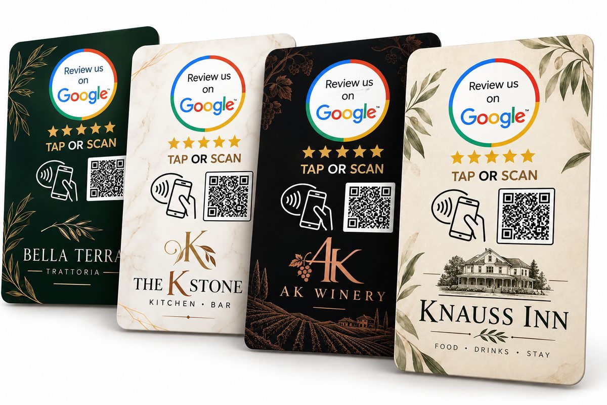 Four sample tap card designs with QR codes
