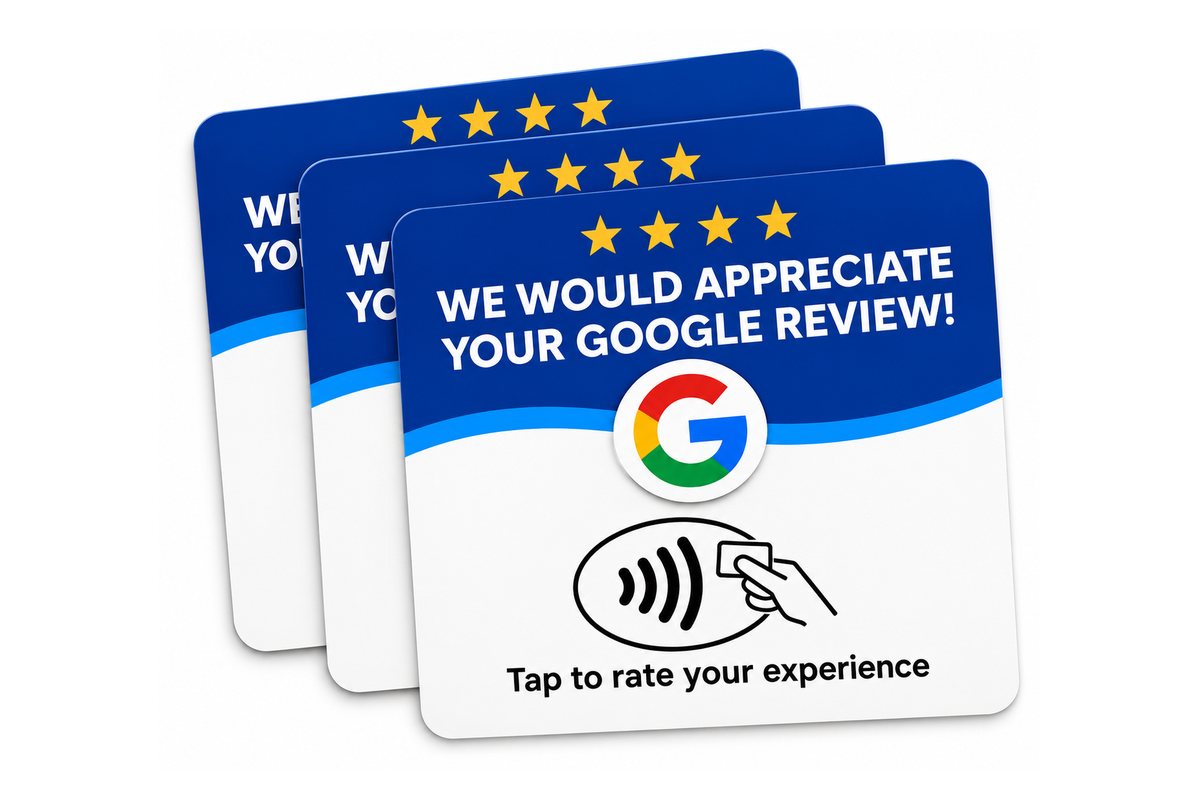 Square NFC Google review tap plates with Tap to rate your experience printed on them