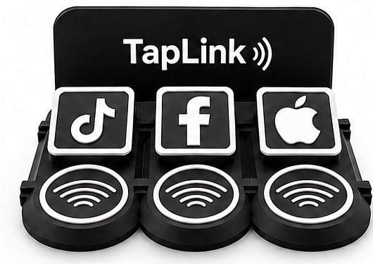TapLink 3 link station with TikTok, Facebook and Apple Pay tiles above three tap spots